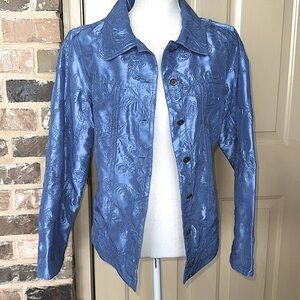 Susan Graver Blue Dupioni Texture Satin Floral Embroidery Jacket Coastal Grandma